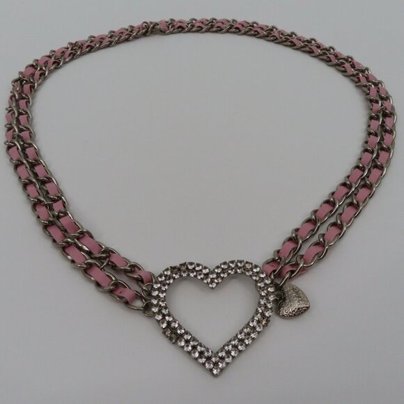 Y2K Womens One Size OSFM Silver Tone Metal Rhinestone Heart Chain Waist Belt